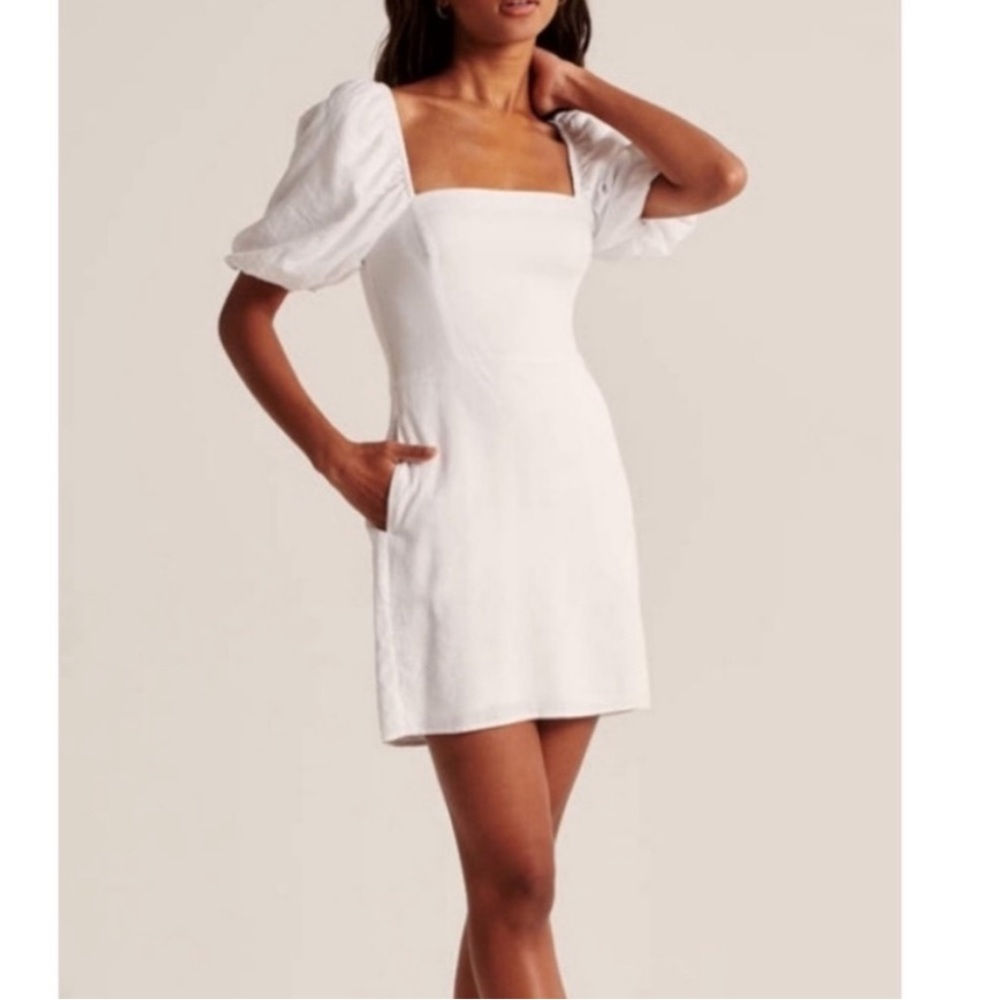 Abercrombie Square-Neck Puff Sleeve Linen Mini Dres